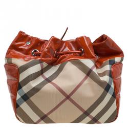 Pre Owned Burberry Red Orange Nova Check Patent Leather Drawstring Hobo