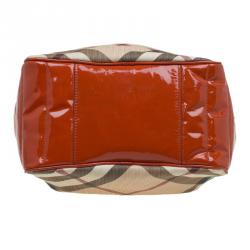 Pre Owned Burberry Red Orange Nova Check Patent Leather Drawstring Hobo