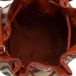 Pre Owned Burberry Red Orange Nova Check Patent Leather Drawstring Hobo