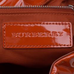 Pre Owned Burberry Red Orange Nova Check Patent Leather Drawstring Hobo
