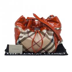 Pre Owned Burberry Red Orange Nova Check Patent Leather Drawstring Hobo