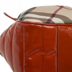 Pre Owned Burberry Red Orange Nova Check Patent Leather Drawstring Hobo