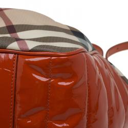 Pre Owned Burberry Red Orange Nova Check Patent Leather Drawstring Hobo