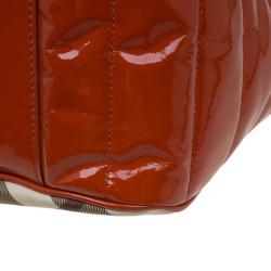 Pre Owned Burberry Red Orange Nova Check Patent Leather Drawstring Hobo