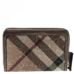 Pre Owned Burberry Bronze Floral Embossed Nova Check Zip Around Wallet