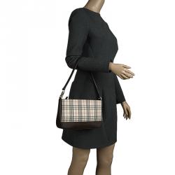 Pre Owned Burberry Beige/Brown House Check Canvas and Leather Shoulder Bag