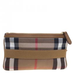 مملوكة مسبقًا حقيبة كلاتش بربري حمالة معصم قماش كاروهات هاوس بنية/ بيج
