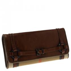 Pre Owned Burberry Brown House Check Leather Trim Flap Wallet