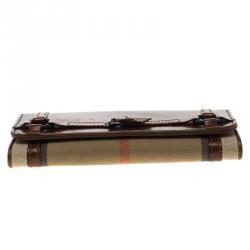 Pre Owned Burberry Brown House Check Leather Trim Flap Wallet