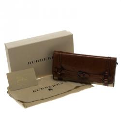 Pre Owned Burberry Brown House Check Leather Trim Flap Wallet
