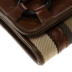 Pre Owned Burberry Brown House Check Leather Trim Flap Wallet