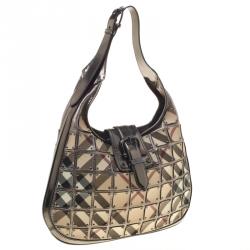 Pre Owned Burberry Metallic Dark Grey Nova Check Brooke Warrior Hobo