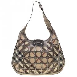 Pre Owned Burberry Metallic Dark Grey Nova Check Brooke Warrior Hobo