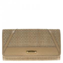 Pre Owned Burberry Beige Woven Suede Mixed Media Continental Wallet