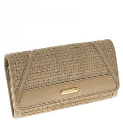 Pre Owned Burberry Beige Woven Suede Mixed Media Continental Wallet
