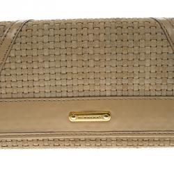 Pre Owned Burberry Beige Woven Suede Mixed Media Continental Wallet