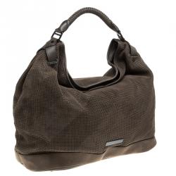 Pre Owned Burberry Grey Perforated Suede Oversize Hobo