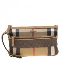 Pre Owned Burberry Light Brown House Check Fabric Wristlet Clutch