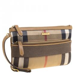 Pre Owned Burberry Light Brown House Check Fabric Wristlet Clutch