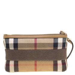 Pre Owned Burberry Light Brown House Check Fabric Wristlet Clutch