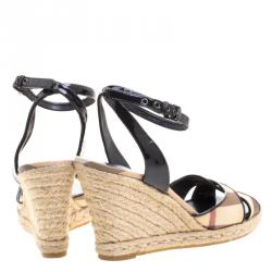 Pre Owned Burberry Black Patent Leather and Novacheck Canvas Espadrille Wedge Sandals Size 38
