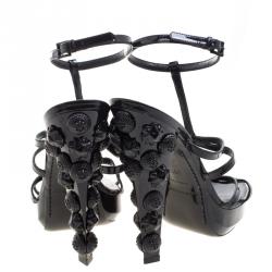 Pre Owned Burberry Black Leather Maison Studded Heel Ankle Strap Sandals Size 38.5