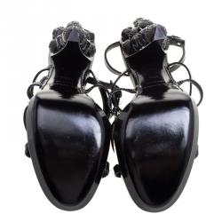 Pre Owned Burberry Black Leather Maison Studded Heel Ankle Strap Sandals Size 38.5