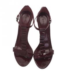 Pre Owned Burberry Burgundy Patent Leather Ruffle Sandals Size 38 