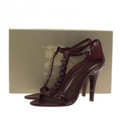 Pre Owned Burberry Burgundy Patent Leather Ruffle Sandals Size 38 