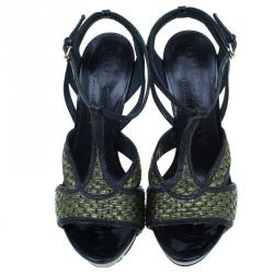 Burberry Green Woven Raffia and Leather Ankle Strap Platform Sandals Size 38