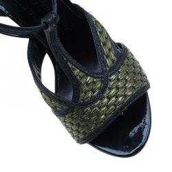 Burberry Green Woven Raffia and Leather Ankle Strap Platform Sandals Size 38