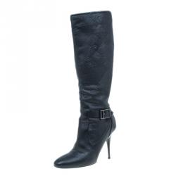 Burberry Black Jacquard Buckle Heel Knee Boots Size 36.5