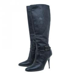 مملوكة مسبقًا بوت ركبة بربري بإبزيم كعب جاكارد أسود مقاس 36.5