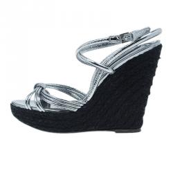Pre Owned Burberry Silver Knotted Leather Espadrille Wedge Sandals Size 39