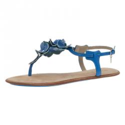 مملوكة مسبقًا Burberry Blue Leather Flower Detail Ankle Strap Flat Sandals Size 38