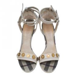 مملوكة مسبقًا Burberry Grey Embellished Leather and Novacheck Canvas Ankle Strap Sandals Size 38