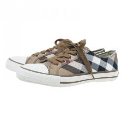 Pre Owned Burberry Beige Novacheck Canvas and Leather Sneakers Size 38