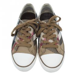 Pre Owned Burberry Beige Novacheck Canvas and Leather Sneakers Size 38