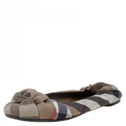 Pre Owned Burberry Brown Canvas Novacheck Knotted Ballet Flats Size 37
