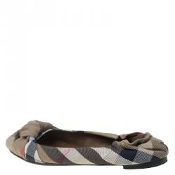 Pre Owned Burberry Brown Canvas Novacheck Knotted Ballet Flats Size 37