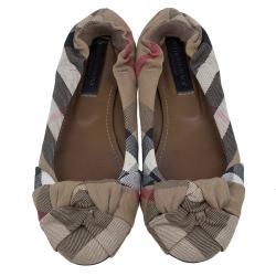 Pre Owned Burberry Brown Canvas Novacheck Knotted Ballet Flats Size 37