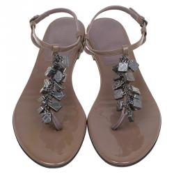 Pre Owned صندل إصبع بربري جلد بني لامع مزخرف مقاس 39