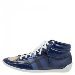مملوكة مسبقًا Burberry Blue Ombre Nova Check Canvas and Leather Hi Top Sneakers Size 39