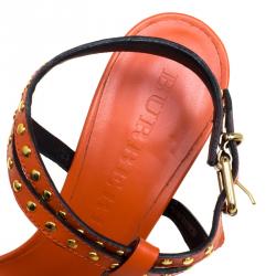 Pre Owned Burberry Orange Leather Supernova Check Canvas T Strap Wedge Sandals Size 41