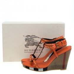 Pre Owned Burberry Orange Leather Supernova Check Canvas T Strap Wedge Sandals Size 41