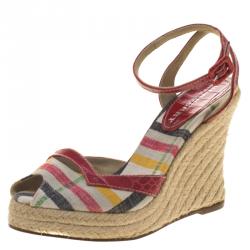 Burberry Multicolor Checked Canvas and Embossed Croc Leather Espadrille Wedge Sandals Size 38