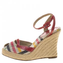Burberry Multicolor Checked Canvas and Embossed Croc Leather Espadrille Wedge Sandals Size 38