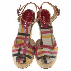 Burberry Multicolor Checked Canvas and Embossed Croc Leather Espadrille Wedge Sandals Size 38