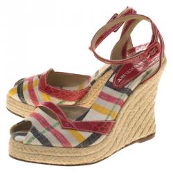 Burberry Multicolor Checked Canvas and Embossed Croc Leather Espadrille Wedge Sandals Size 38