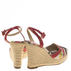 Burberry Multicolor Checked Canvas and Embossed Croc Leather Espadrille Wedge Sandals Size 38